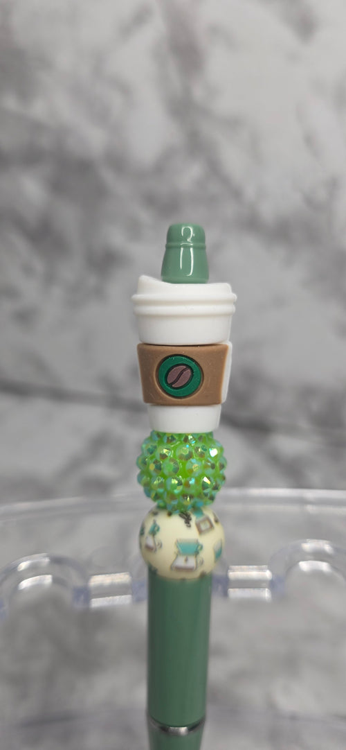 Coffee Lover Beaded Pen – Green Latte Cup Handmade Statement Pen